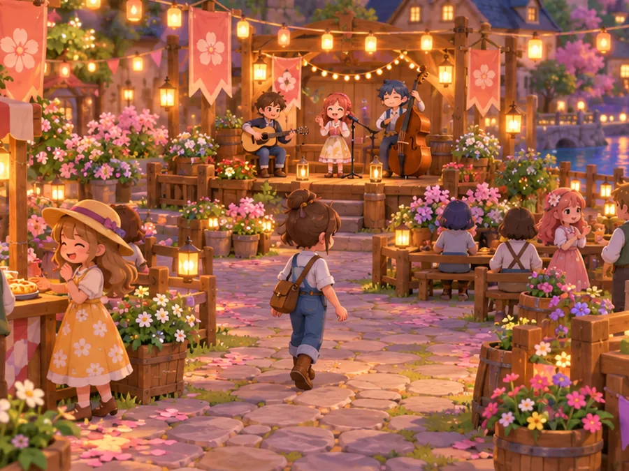 Concept art: the spring festival at dusk, with lanterns and stalls