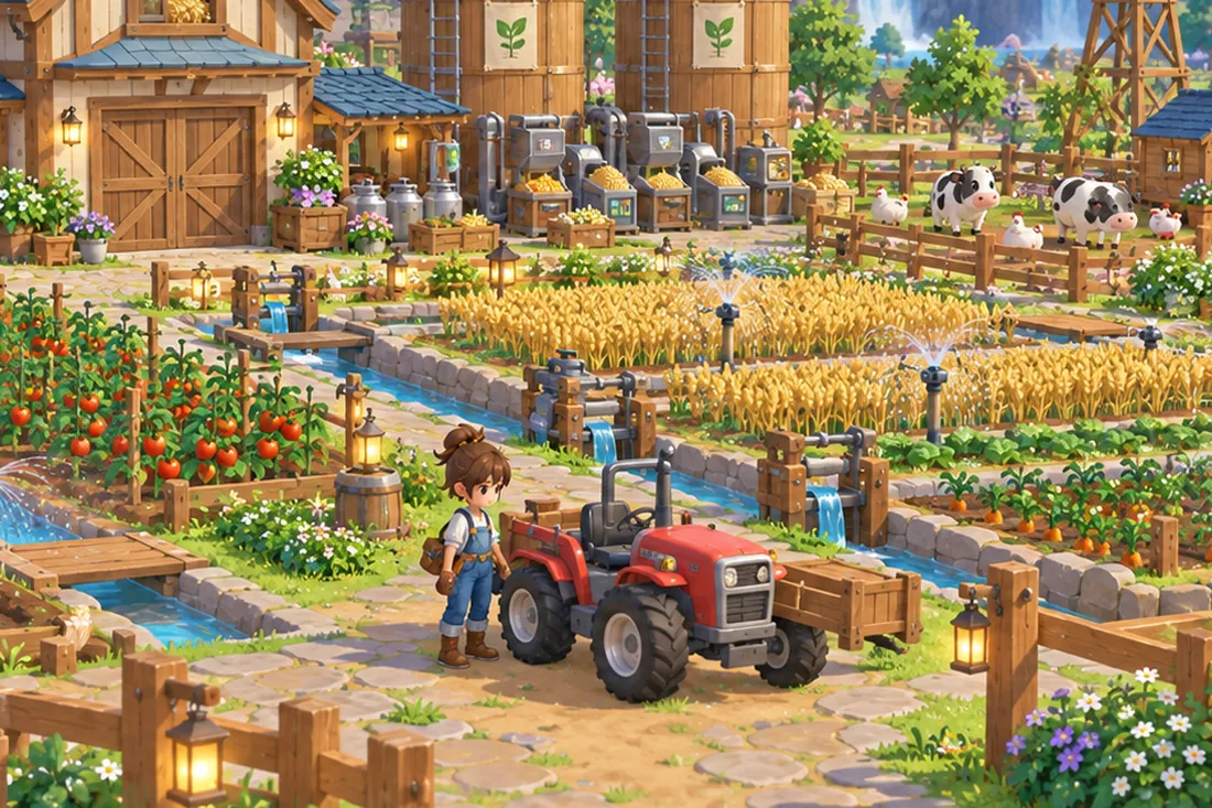 Concept art: a big farm with a tractor, silos and wheat fields