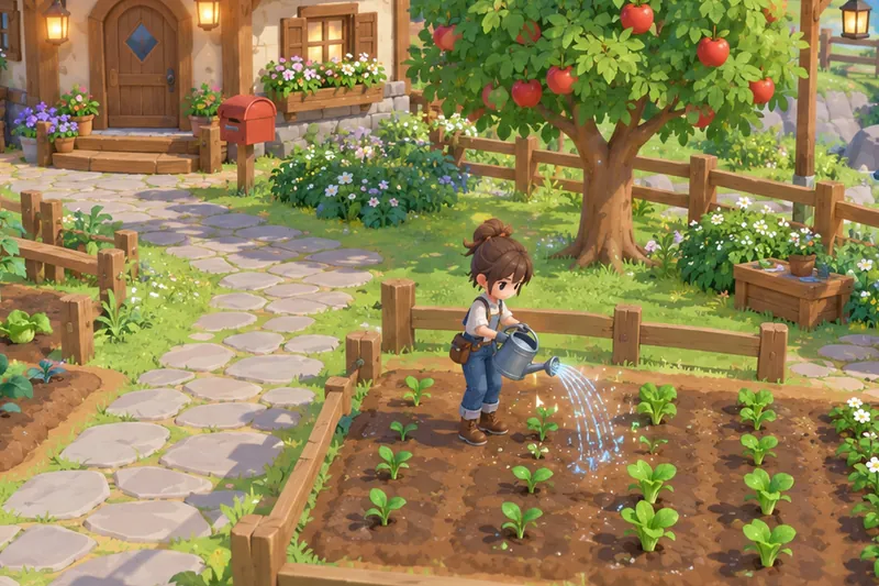 Concept art: watering a small vegetable garden