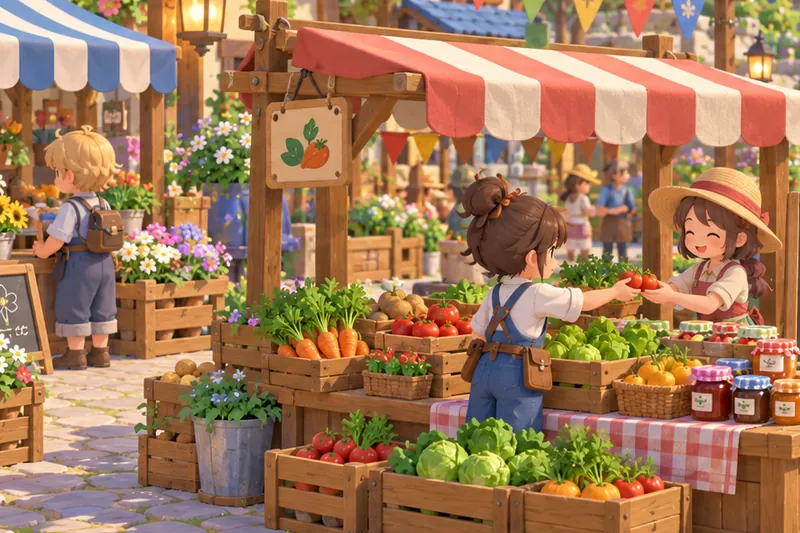 Concept art: selling vegetables and jam at the market stall